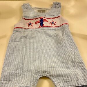 Lil Cactus Blue and White Striped Romper with July 4th embroidery